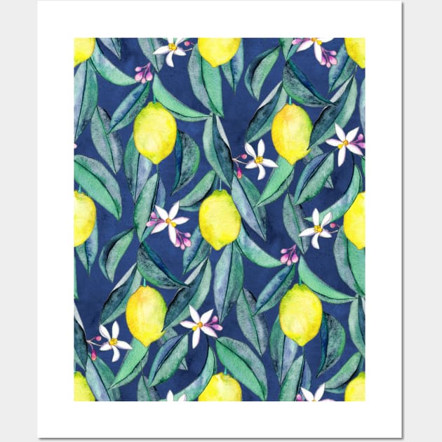 When Life Gives You Lemons - watercolor lemons on dark blue Wall Art by micklyn